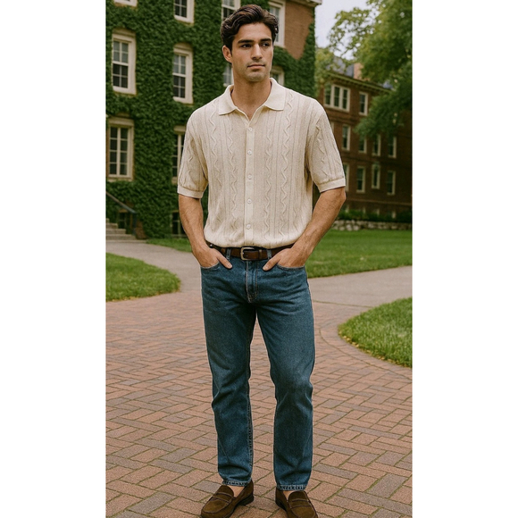 Abercrombie & Fitch Mens Stitch Button-Through Sweater Polo Cream Patterned XXL - Picture 1 of 8